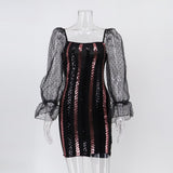 Women Evening Gown Sexy Backless Mesh Stitching Sequins Dress