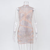 Women Evening Gown Sexy Sheer Mesh Stitching Sequins Dress