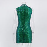 Women Evening Gown Sexy Sheer Mesh Stitching Sequins Dress
