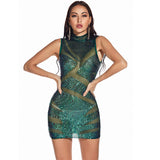 Women Evening Gown Sexy Sheer Mesh Stitching Sequins Dress