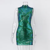 Women Evening Gown Sexy Sheer Mesh Stitching Sequins Dress