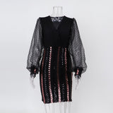 Women Evening Gown Sexy Casual Mesh Stitching Sequins Dress