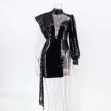 Women Evening Gown Sexy Retro Mesh Stitching Sequins Dress
