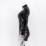 Women Evening Gown Sexy Retro Mesh Stitching Sequins Dress
