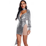Women Evening Gown Sexy Retro Mesh Stitching Sequins Dress