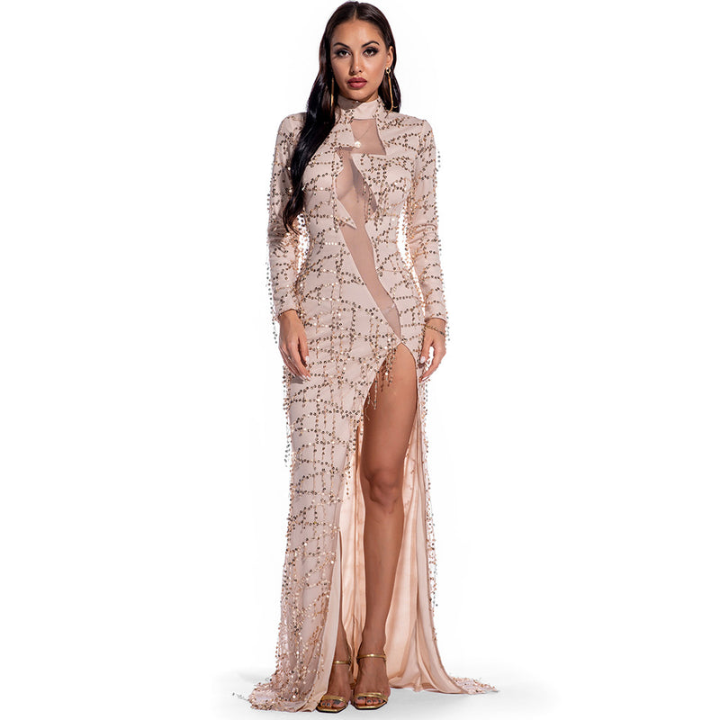 Women's Evening Gown Sexy Retro Long Sleeve See-through Sequins Dress