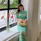 Women Maxi Dress Spring and Autumn Stripes Lapel Slim-Fit Short-Sleeved Knitted Long Dress