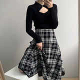 Women Knitted Skirt Autumn Retro Long Tartan Skirt