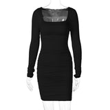 Women Dresses Spring Square Collar Long Sleeve Sexy Slim Fit Dress