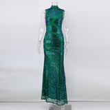 Women Evening Gown Sexy Retro Green Sequins Dress Speed Dress