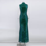 Women Evening Gown Sexy Retro Green Sequins Dress Speed Dress