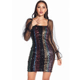 Women Evening Gown Sexy Mesh Long Sleeve Stitching Sequins Dress
