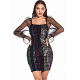 Women Evening Gown Sexy Mesh Long Sleeve Stitching Sequins Dress