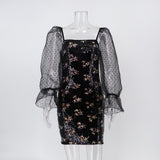 Women Evening Gown Sexy Mesh Long Sleeve Stitching Sequins Dress