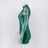 Women Evening Gown Sexy Sheer Mesh Stitching Sequins Dress