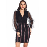 Women Evening Gown Sexy Casual Mesh Stitching Sequins Dress