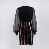 Women Evening Gown Sexy Casual Mesh Stitching Sequins Dress