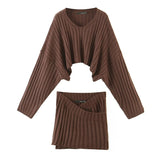 Women Sweater Knitwear Loose Batwing Sleeve Knitwear Sweater Cross Knitted Sheath Skirt Suit
