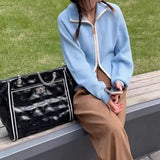 Women Knitted Cardigan Fall and Winter Lapels Zipper Knitted Cardigan Long Sleeve Sweater