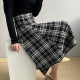 Women Knitted Skirt Autumn Retro Long Tartan Skirt