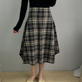 Women Knitted Skirt Autumn Retro Long Tartan Skirt