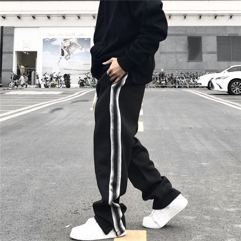Men Sweatpants Side Stripes Baggy Straight Trousers