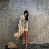 Women Knit Beach Cover Blouse Women Knitted Hollow-out Short Beach Sun Protection Shirt