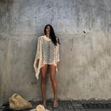 Women Knit Beach Cover Blouse Women Knitted Hollow-out Short Beach Sun Protection Shirt