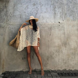 Women Knit Beach Cover Blouse Women Knitted Hollow-out Short Beach Sun Protection Shirt