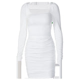 Women Dresses Spring Summer Slim-Fit Long Sleeve Pleated Solid Color Dress