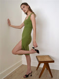 Robe Bridgerton Square Collar Knitted Sheath Slim Fit Slit Dress