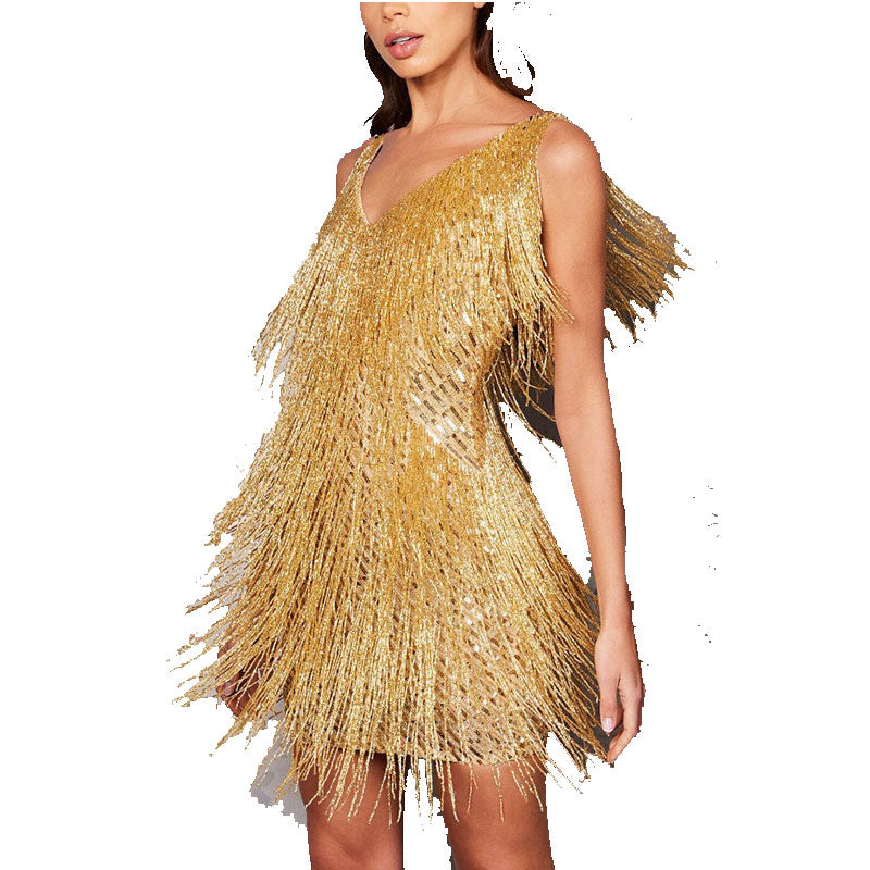 Harlem Nights Outfits Tassel Sequins V-neck Vest Gown Dress