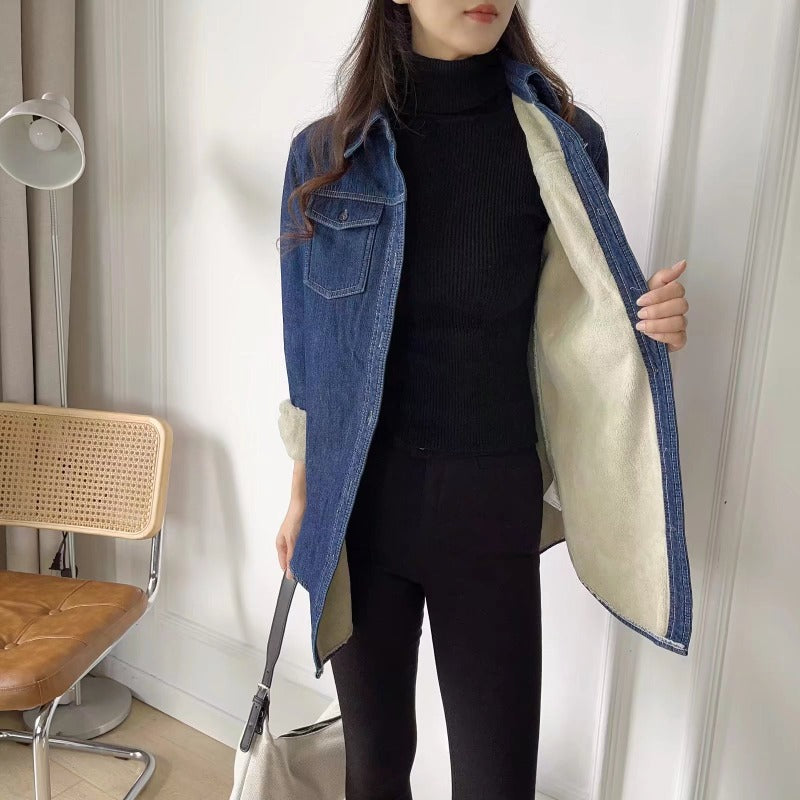 Women Jacket Autumn Winter Retro Denim Shirt Women Loose and Warm Coat