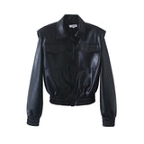 Women Leather Jacket Casual Polo Collar Leather Coat Fall Slim Fit Jacket Pu Top