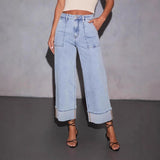 Women's stretch washed high-waisted jeans - fashionable, casual, trendy, versatile wide-leg denim pants for women