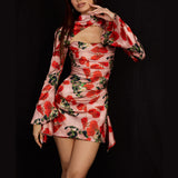 Harlem Night Attire Dress Hollow Sexy Floral Skirt Printed Cheongsam Dress