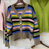 Women Knitwear Autumn and Winter Striped V-neck Sweater Wide Soft Knitted Cardigan