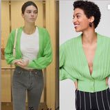 Women Sweater Knitwear V-neck Tight Waist Retro Lantern Sleeve Short Sweater Long-Sleeve Cardigan Sweater Women's Coat