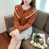 Women Knitwear Spring and Autumn Retro Peter Pan Collar Embroidered Sweater Loose Knitted Cardigan