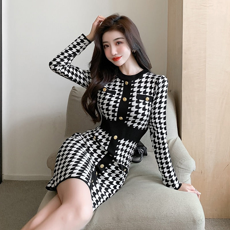 Women Maxi Dress Fall/Winter Single-Breasted Long Sleeve Slim Fit Hip Knitwear Dress