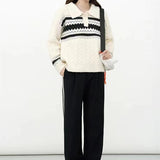 Women Knitwear Autumn and Winter Polo Collar Striped Sweater Vintage Sweater