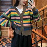 Women Knitwear Autumn and Winter Striped V-neck Sweater Wide Soft Knitted Cardigan