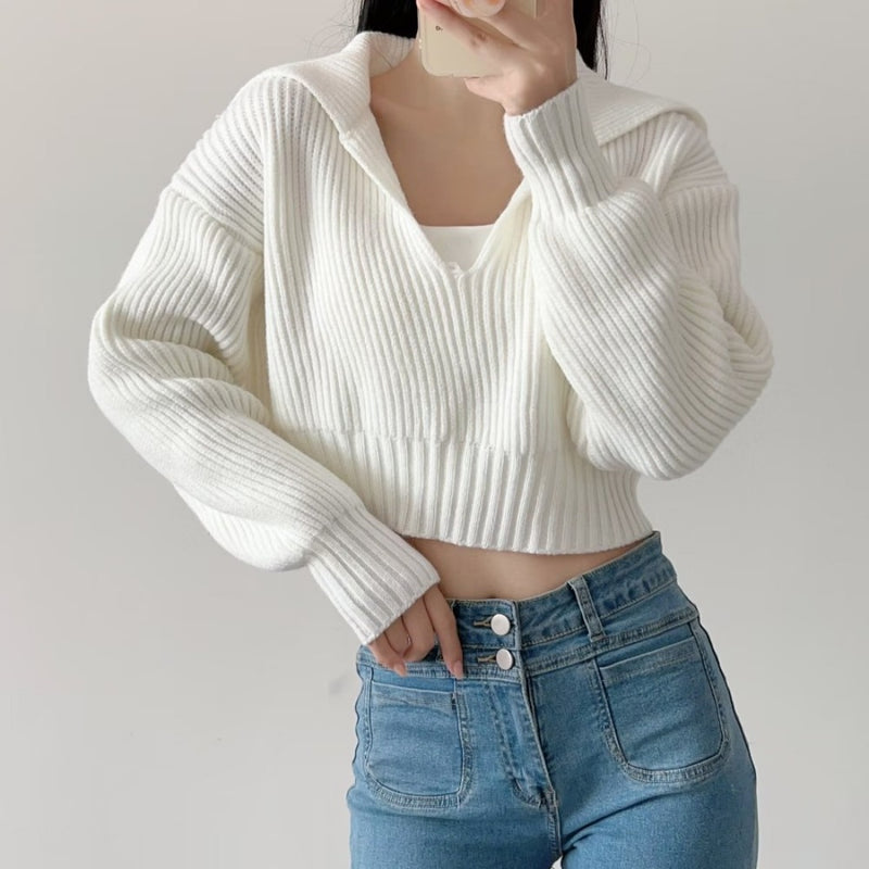 Women Sweater Knitwear Fall Lapels Short Sweater Loose High Waist Sweater