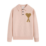 Ami araunriflove polo collar lapel wool sweater long sleeves couple fall and winterembroiderknitting shirt