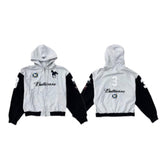 American street style letterembroider distressed hooded sweatshirt patchworkcontrast colorsense of designoutwear