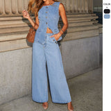 Women's pants: factory direct, cross-border, american-style solid color loose fit fashion long sleeve denim set, european and american style wide leg pants