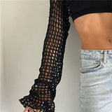 Women Knit Top Color Matching Openwork Knitted Top Women's Short T-shirt Sun Protection Sweater