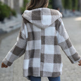 Women Trench Coat Casual Plush Women's Hooded Regular Long Sleeve Loose Plaid Puff Coat
