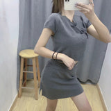 Women Sweater Knitwear Retro V-neck High Waist Exposed Navel Knitted T-shirt Sheath Skirt Suit
