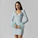 Women Dresses Elegant Feather Long Sleeve Party Dress (Ont0408)